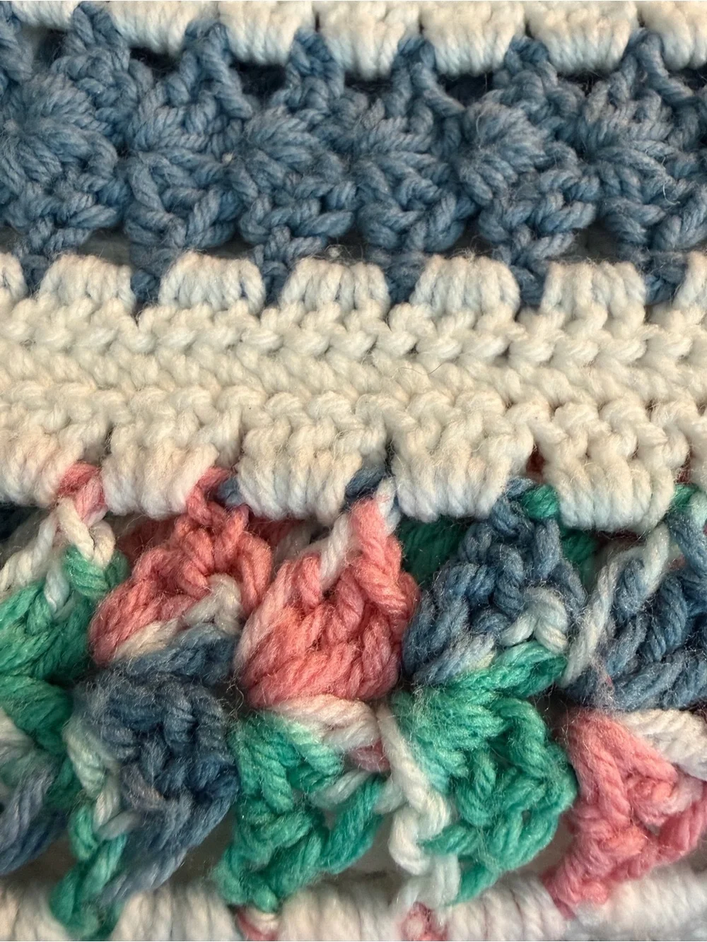 Handmade Crochet Afgan Throw in Pink, Teal, Blue & White